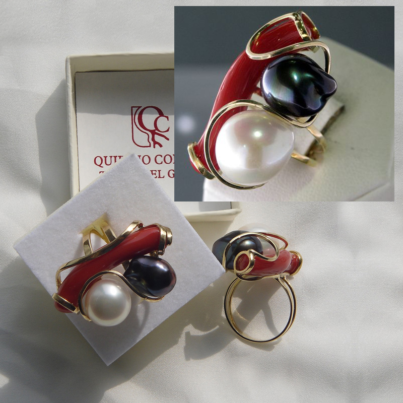 Anello in oro corallo e perle 