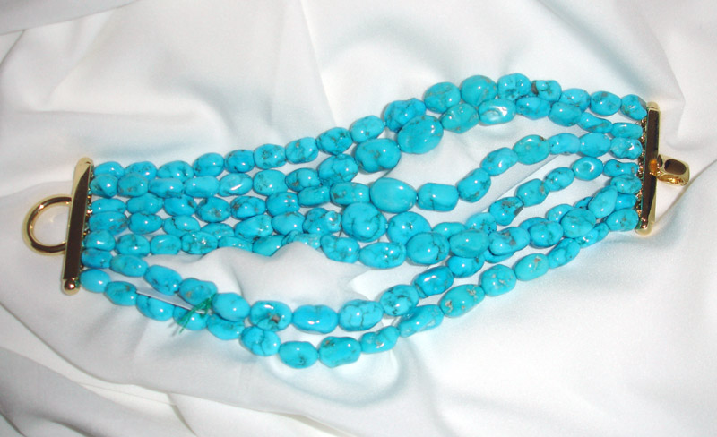 Bracciale di turchese originale a pi fili con chiusura in argento dorato